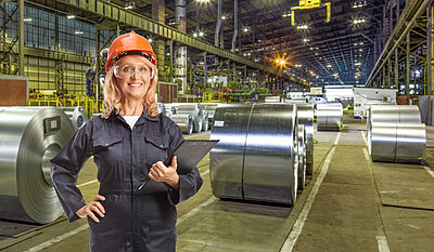 Industrial worker standing in front of steel coils while holding documents, symbolizing local production systems and optimized decentralized manufacturing.