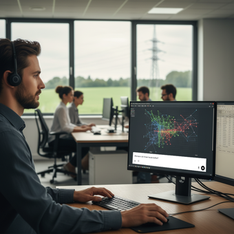 Ein Mitarbeiter arbeitet an einem großen Bildschirm mit Datenvisualisierungen zum Einsatz von Künstlicher Intelligenz in der Systemführung und Netzsteuerung.