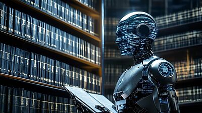 A futuristic AI robot analyzes legal documents in a digital library, symbolizing artificial intelligence in legal research and knowledge processing.