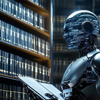 A futuristic AI robot analyzes legal documents in a digital library, symbolizing artificial intelligence in legal research and knowledge processing.